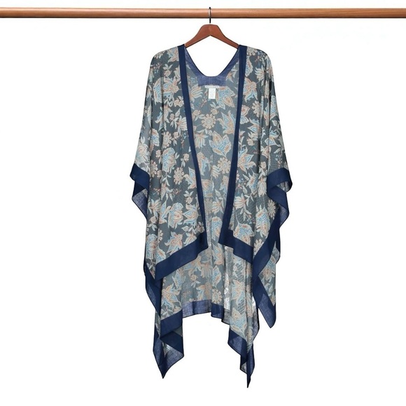 🌻Rebecca Minkoff Risky Blue Floral Paisley Ruana Shawl Cape One Size - Picture 1 of 9